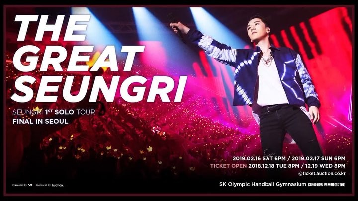 빌보드도 극찬 ?? 파워풀한 퍼포먼스와 창의적인 연출로 
가득했던 [THE GREAT SEUNGRI] 콘서트! 
FINAL로 다시 돌아옵니다! 
SEUNGRI 1st SOLO TOUR [THE GREAT SEUNGRI] 
FINAL IN SEOUL ▶ 공연일시/장소 (Date & Venue)
- 2019.02.16 (SAT) 6PM - 2019.02.17 (SUN) 6PM - SK올림픽 핸드볼경기장 (SK Olympic Handball Gymnasium) ▶ 티켓 오픈 안내 (Ticket Open Notice)
- V.I.P 선예매 : 2018.12.14 (FRI) 8PM - 1회차 티켓오픈 : 2018.12.18 (TUE) 8PM - 2회차 티켓오픈 : 2018.12.19 (WED) 8PM - 예매처 : 옥션티켓 (ticket.auction.co.kr) ▶자세히 보기 (More Info) → bit.ly/seungri2019

#승리 #SEUNGRI #빅뱅 #BIGBANG #THE_GREAT_SEUNGRI #thegreatseungritour #20190216_6PM #20190217_6PM #YG